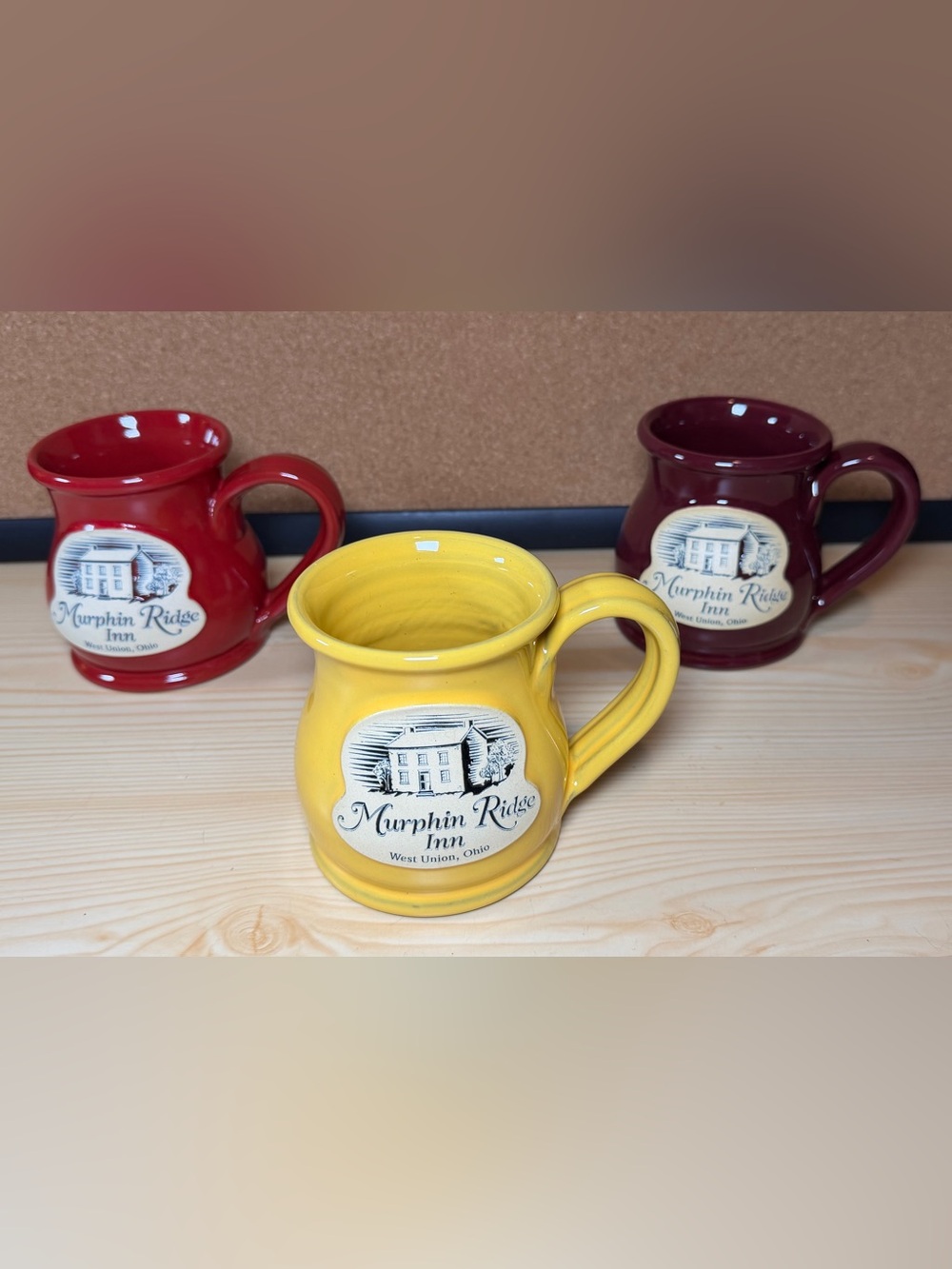 Deneen Pottery Murphin Ridge Inn West Union Ohio 3 Piece Mug Set Red Yellow USA